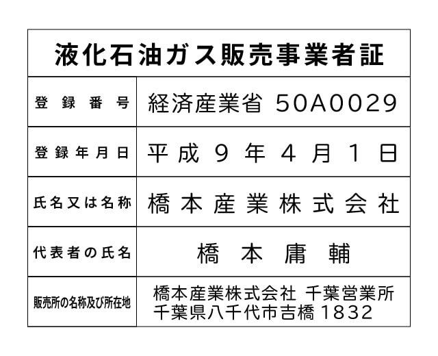 橋本産業株式会社 千葉営業所 液化石油ガス販売事業者標識