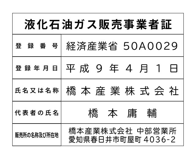 橋本産業株式会社 中部営業所 液化石油ガス販売事業者標識