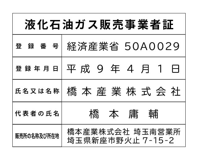 橋本産業株式会社 埼玉南営業所 液化石油ガス販売事業者標識