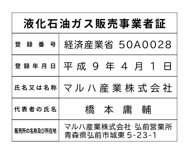 マルハ産業株式会社 弘前営業所 液化石油ガス販売事業者標識