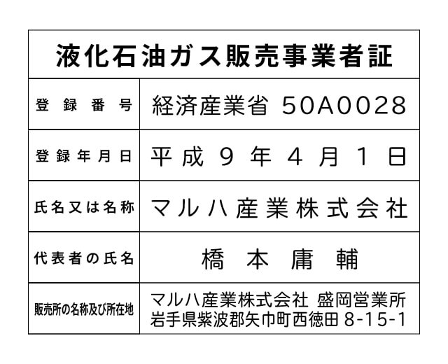マルハ産業株式会社 盛岡営業所 液化石油ガス販売事業者標識