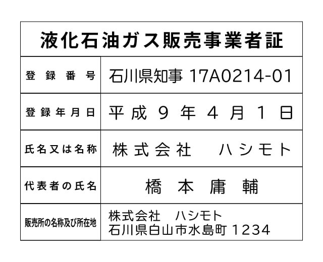 （株）ハシモト 液化石油ガス販売事業者標識