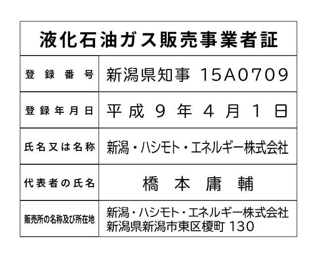 新潟・ハシモト・エネルギー（株） 液化石油ガス販売事業者標識