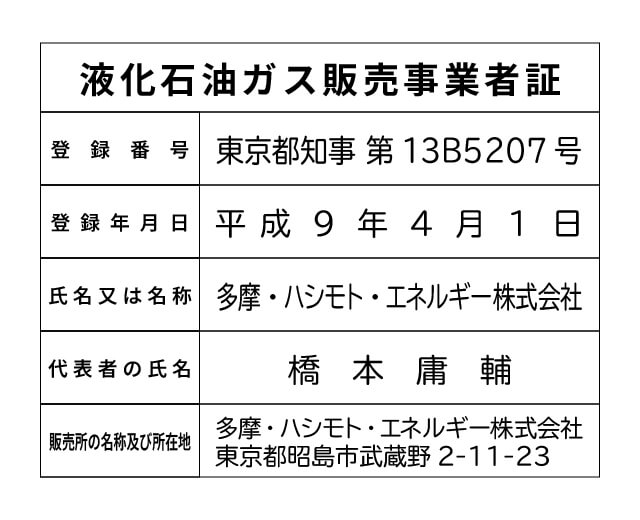 多摩・ハシモト・エネルギー（株） 液化石油ガス販売事業者標識