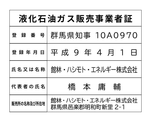 館林・ハシモト・エネルギー（株） 液化石油ガス販売事業者標識